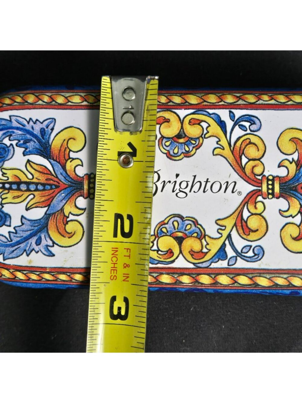 Brighton Sunglass Case Eyeglass Hinged Tin Box Scroll Floral Blue White 6" - Picture 8 of 10